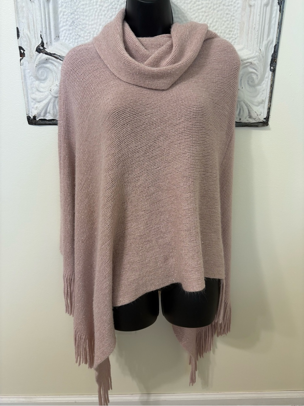 Chico's Dusty Rose Cowl Neck Fringe Poncho
